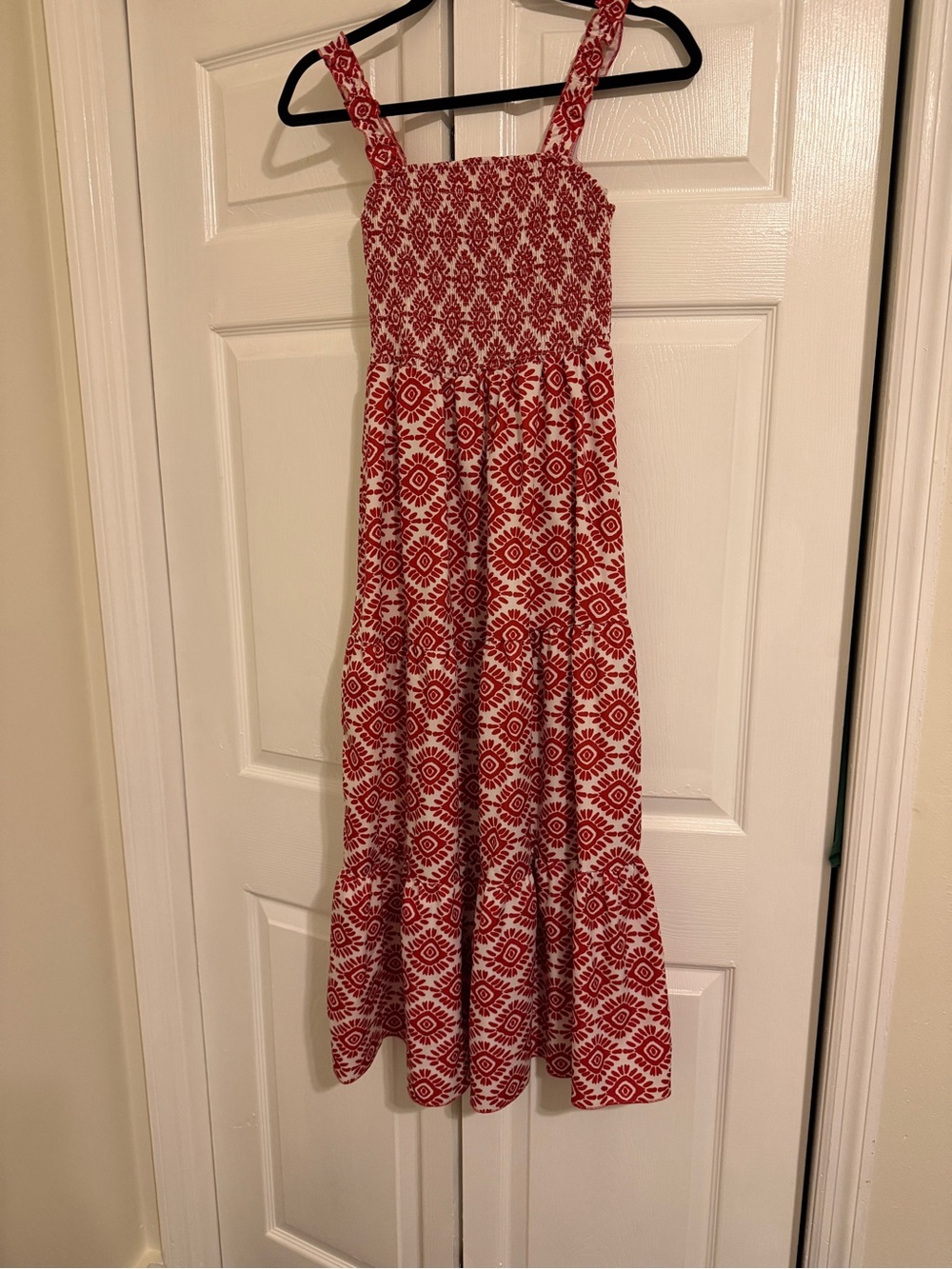 SHEIN Red & White Printed Smocked Maxi Dress